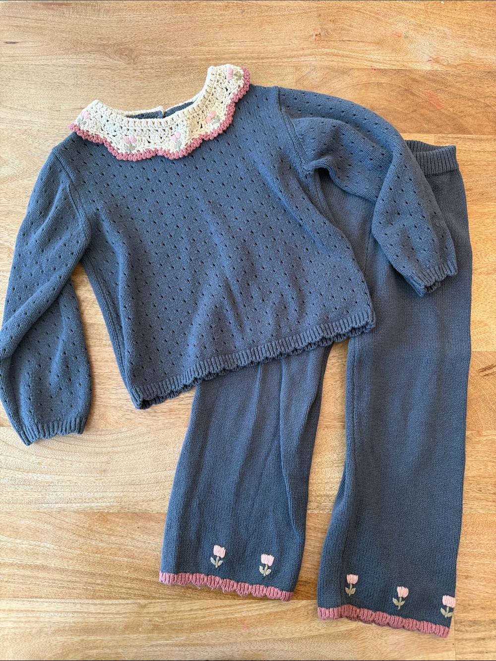 Zara Gray Knit Two-Piece Set with Crochet Collar